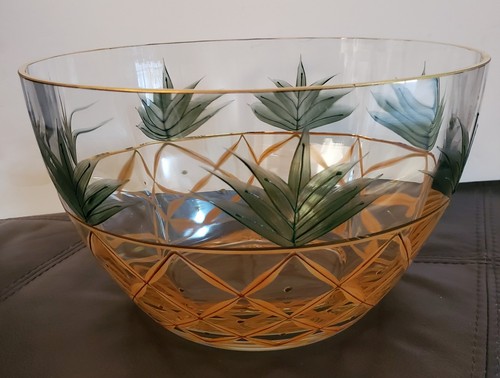 Insalatiera artigianale ananas rumeno grande cristallo ottico 11" bordo oro 22K - Foto 2 di 4