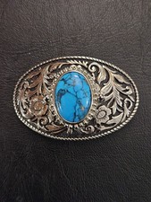 Western Turquoise Color Stone Belt Buckle Silver Tone Floral Scroll Cowgirl 3"