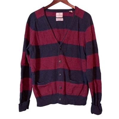 Scotch & Soda Men's XL Burgundy Navy Striped Cardigan Leather Elbow Patches
