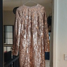 boohoo Rose Gold Sequin Midi Dress Long Sleeve Round Neck Lined Zip UK 16