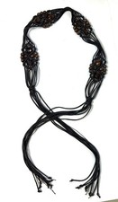 Boho Macrame Bead Tassel Belt Brown Leather 70"L Adjustable Accessory