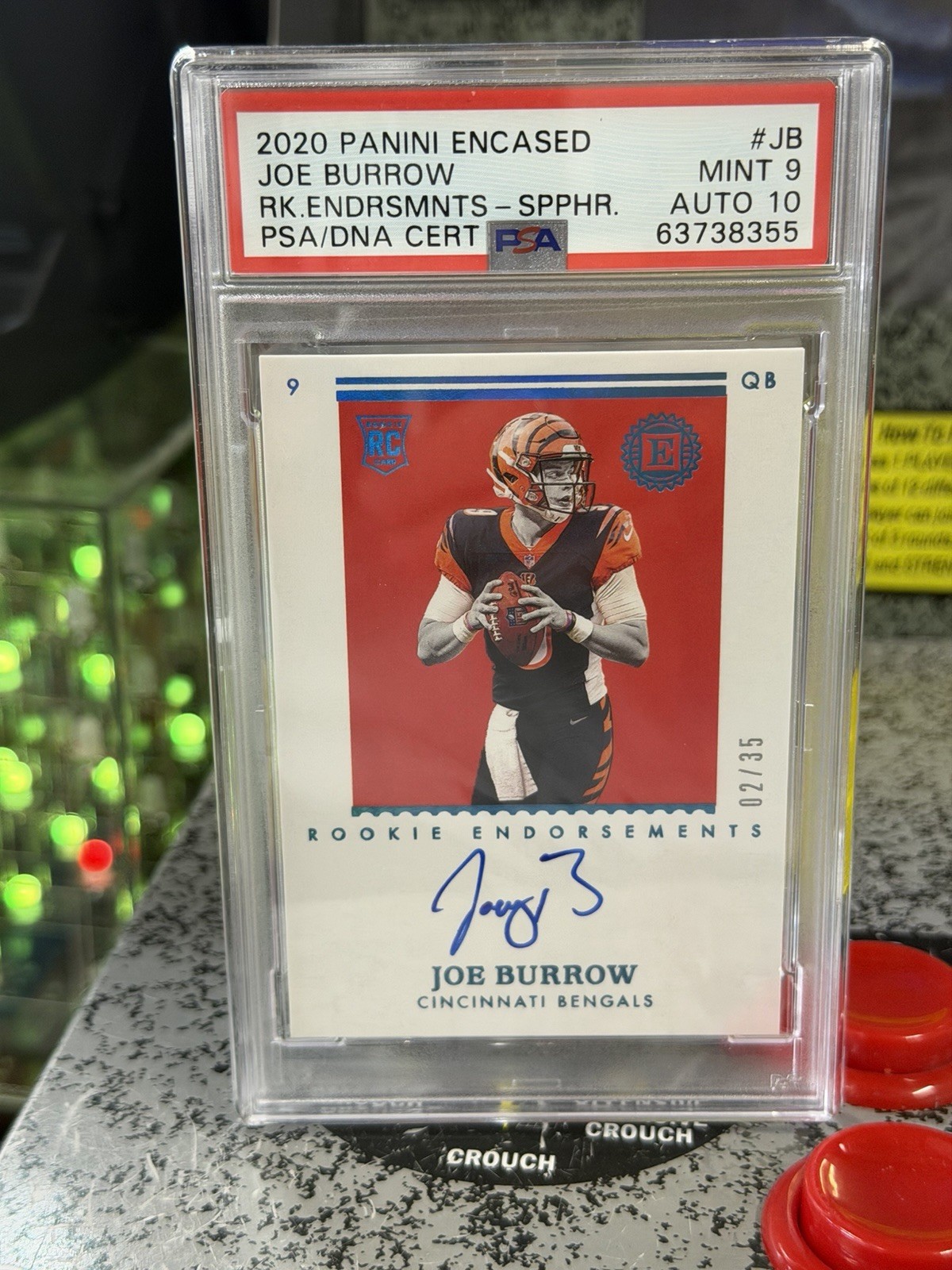 2020 Panini Encased Joe Burrow Rookie Endorsements Sapphire /35 PSA 9 Auto 10 view 6
