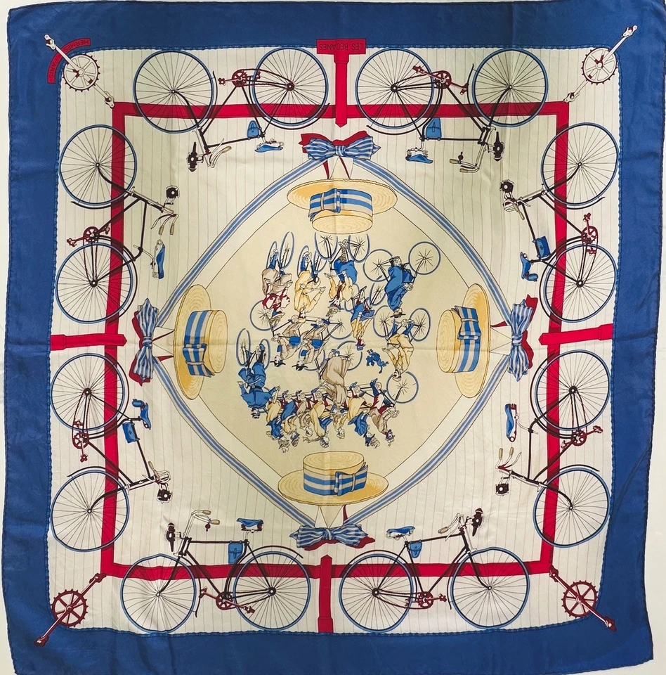 HERMES RARE Carre 90 Les Becannes Bicycles Vintage Blue Silk Scarf - Image 2 of 4