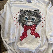 Vintage 80s Cat Bowtie Crewneck Sweatshirt White Teens's M Retro Style