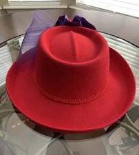 Lady’s Hat Red Hat Society 100% Wool Red & Purple Tulle & Satin Bow Sz Large