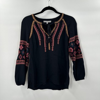 Daniel Rainn Embroidered Peasant Blouse Black XS Long Sleeve Boho Festival Top
