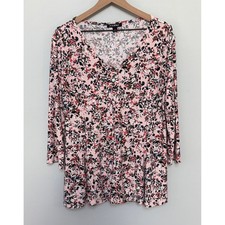 Roz Ali Womens Pink Floral V-Neck 3/4 Sleeve XL Blouse Top Stretch Flare Hem