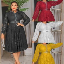 Fashion African Dashiki Women Lace Long Sleeve Dress Evening Wedding Party Gown
