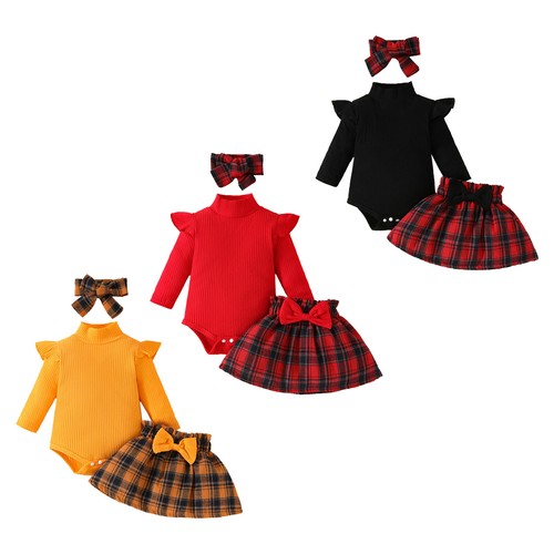 Newborn Baby Girl Ruffles Long Sleeve Romper Plaid Skirt with Bow Headband 3 Pcs