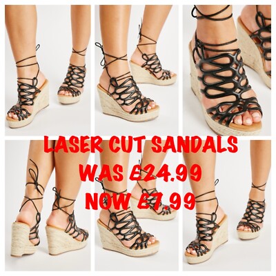 SCHWARZE DAMENGRÖSSE 5 LASERGESCHNITTENE HOHE ESPADRILLE KEILABSATZ PLATEAUSANDALEN ZUM BINDEN