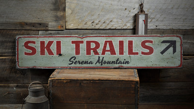 Ski Trails Arrow, Custom Skiing - Rustic Distressed Wood Sign