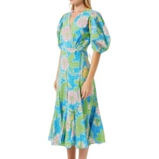 $445 NWOT Rhode Fiona Wrap Midi Dress in Blue Psychedelic Flower Sz S