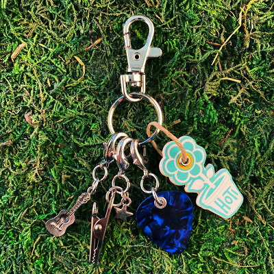 HOTI Handmade Rock Star Roach Clip Keychain Blue Marble .9mm Guitar Pick Charm