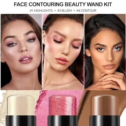 3 Pcs Cream Contour Stick Makeup Kit, Shades with Highlighter Stick, Blush St...