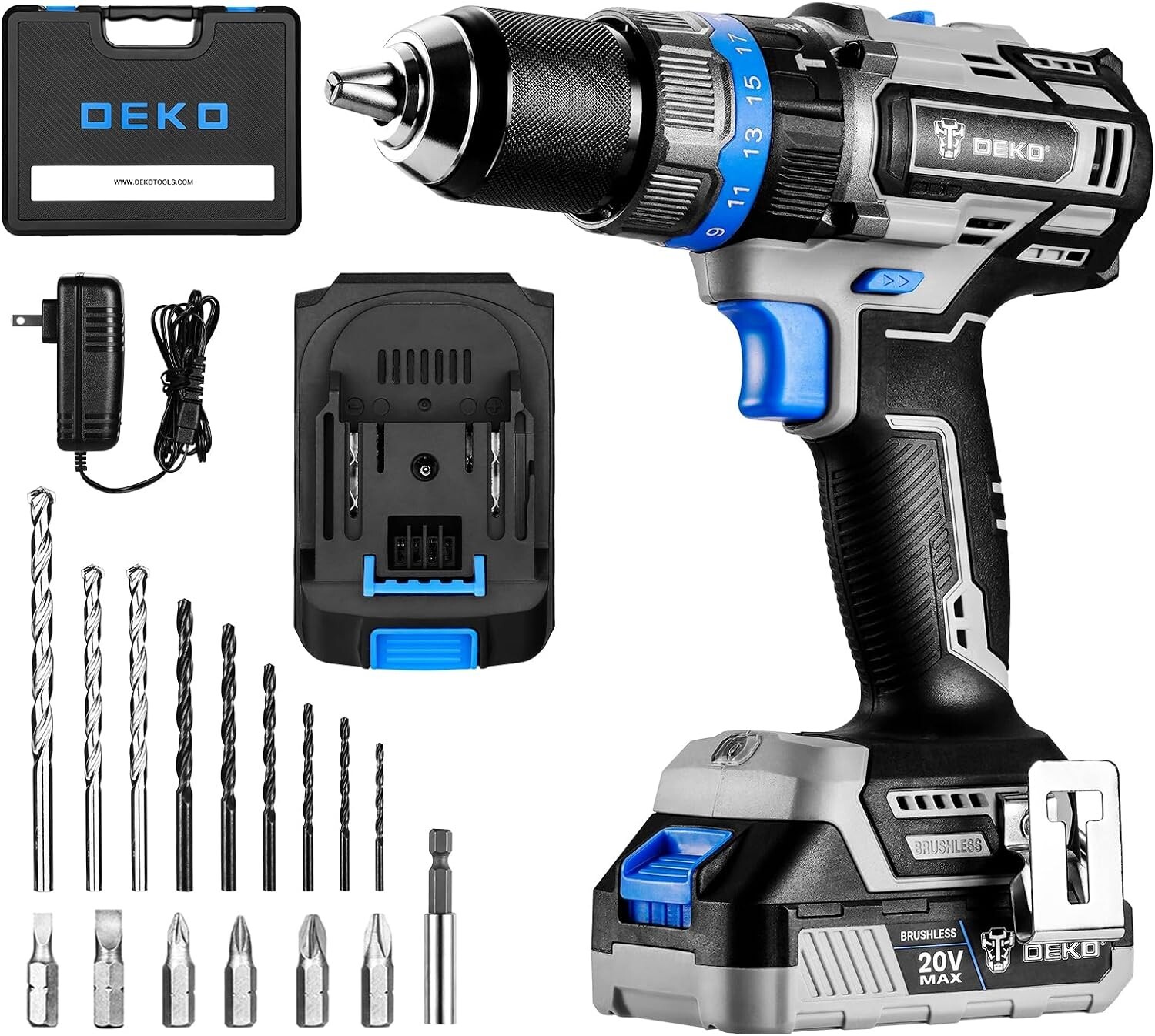 DEKOPRO Hammer Drill 20V Brushless Power Drill Set with Impact Drill,Cordless...