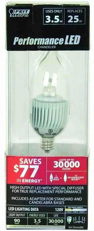 Feit Performance LED 3.5W / 25W 120V Clear CA10 Candelabra E12 Base CFC/HP/LED - Image 2 of 2