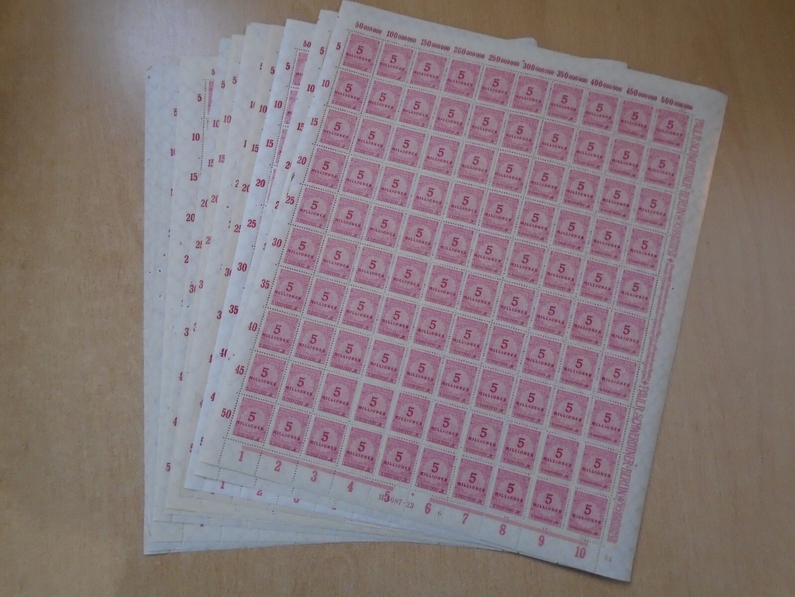 Germany - SG319 5M DM 1923 carmine. 10 x complete sheets of 100 stamps. MNH.