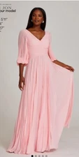 NWT Teri Jon Chiffon Puff Sleeve Pleated VNeck Gown  Pink Size 18 Dress $670