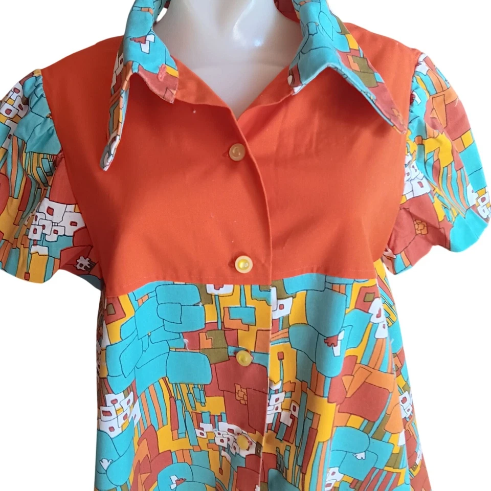 M/L 1OF1 Vintage 1960's Max Abstract Print Frock Top Dress Dayglo Orange Mod - Image 3 of 4