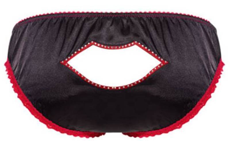 Black bikini w OPEN LIPs in red rhinestones, FUN + FLIRTY