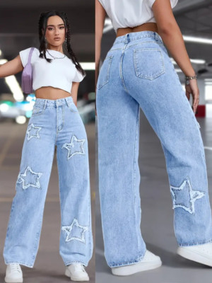 Damen Jeanshose Baggy Wide Leg High Waist mit Stern Applikation Y2K Vintage Stil