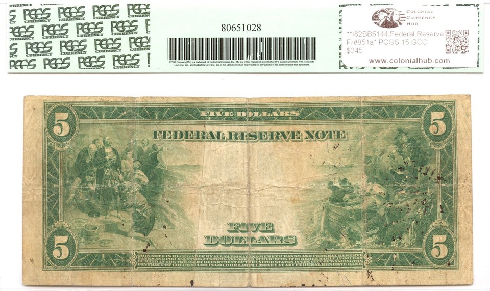 1914 $5 Federal Reserve Note New York Fr#851a* PCGS F-15 GCC Green ...