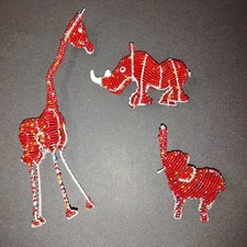 Handcrafted Beaded 3 Pc Lot Elephant, Rhino, Giraffe. Red. South Africa