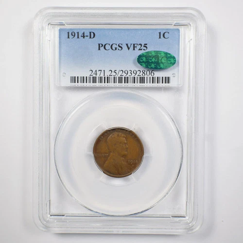 1914-D VF25 PCGS CAC Green Key Date Lincoln Wheat Cent 1c 30999
