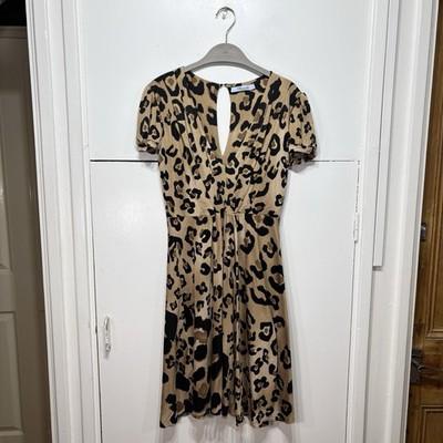 Blumarine Dress Women s Leopard Silk Keyhole Dress Knee Length Short Sleeve I42