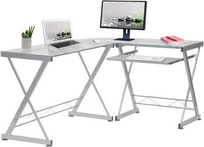 L Shaped Desk with Keyboard Tray - Efficient Work from Home Desk - Glass L