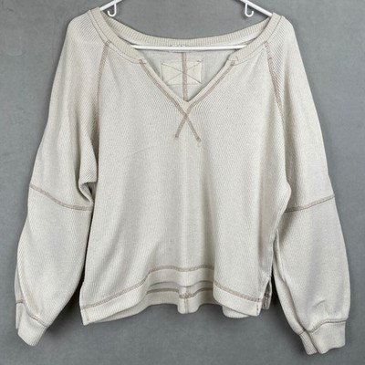 Blu Pepper Cream Waffle Knit Sweatshirt Contrast Stitch Raglan Cozy Boho Wmns L