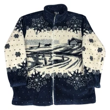 VTG Art Unlimited Fleece Jacket Women Size L Winter Scene Horses AOP Tapestry