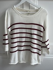Paradise Shores Cream Jumper Burgundy Stripe 3/4 Sleeve Scoop Neck 100% Cotton M