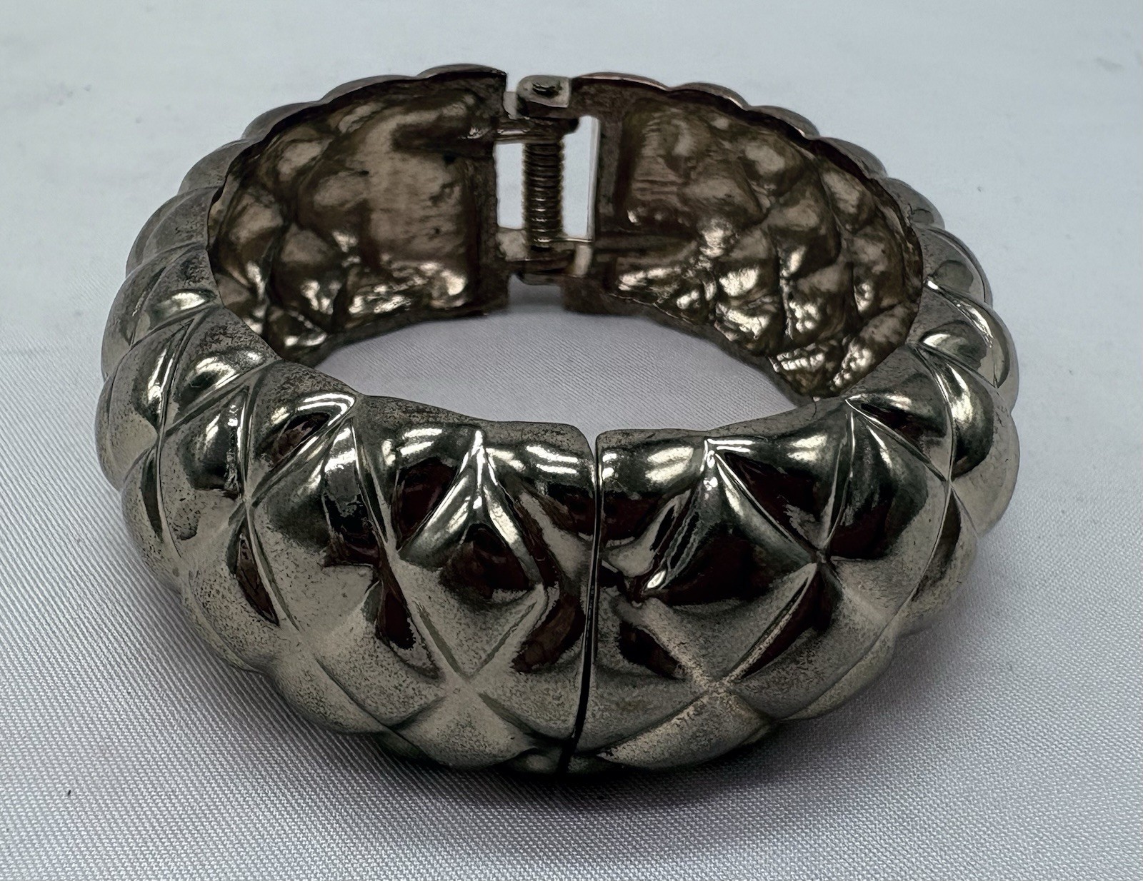 Hinged Silver Tone Cuff Bangle Bracelet Quilted W… - image 2