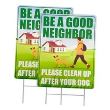 Clean Up After Your Dog Signs, 2 Pack 12"x9" with Metal H-Stakes Be a Good