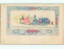 Unused Pre-Linen WOMEN IN PINK AND BLUE DRESSES SHAKE HANDS : clearance k6994