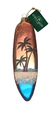 NEW Kurt Adler Hand Painted Glass Surfboard Ornament Beach Palm Trees Sand-C6360