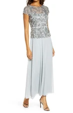 Pisarro Nights Beaded Mesh Mock Two-Piece Gown SZ 2 Grey