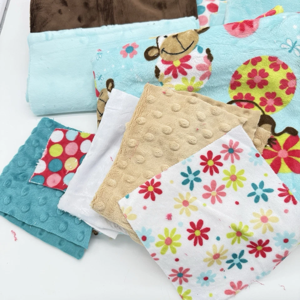 Lot Minky Fleece Baby Fabric 1 Monkey Print (2/3 yard) Pink Brown Blue Remnants - Image 3 of 4