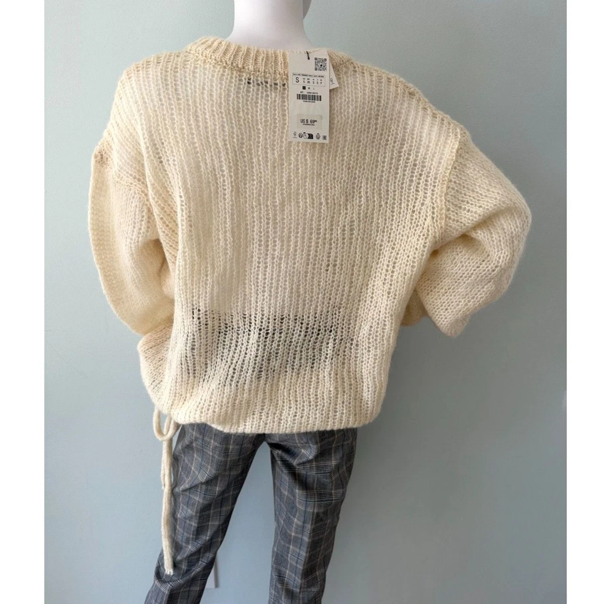 NWT ZARA Chunky Open Weave Knit Sweater Cream Mohair Oversized Pullover size S