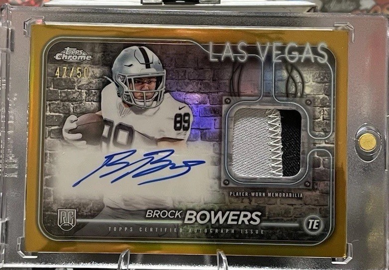 Brock Bowers #CPA-BB Football Cards 2024 Topps Chrome Rookie Patch Autograph trading card — raw and PSA graded price guide