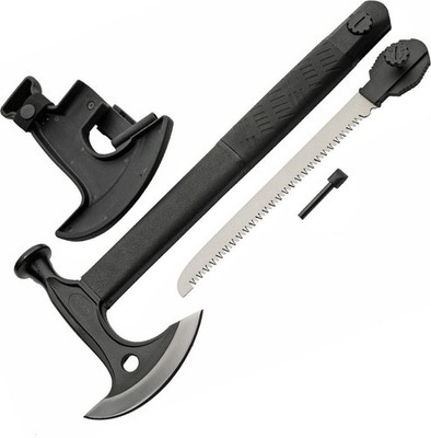 Survival Camp Hatchet Axe | 17.5in Overall w/ Hammer, Saw, Fire Starter - Black