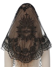 Church Mantilla Catholic Veil: Triangle Black Sacred Heart Embroidered Lace C...