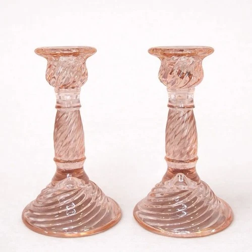 Vintage Pink Depression Glass Federal Spiral Candlesticks Set of 2 5.5”