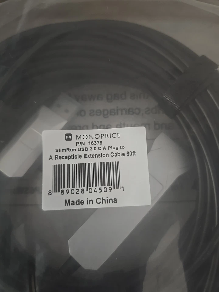 Monoprice SlimRun USB to USB Female 3.0 Extension Fiber Optic Cable 65.6ft NEW! - Image 2 of 4