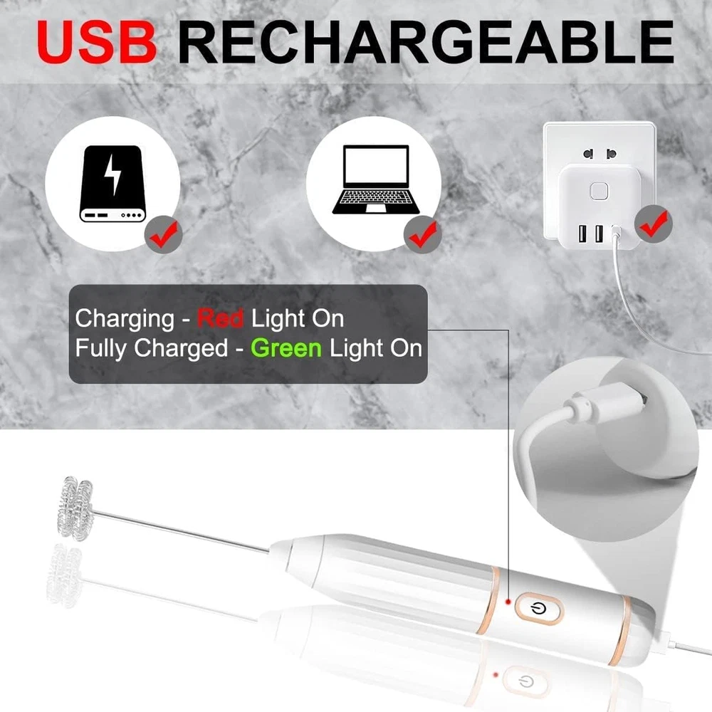 Milk Frother for Coffee Handheld Electric Rechargeable, Double Whisks 2 in 1 Han