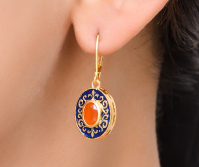 Masterly Crafted Carnelian 14K Gold Plated Art Deco Enameled Earring