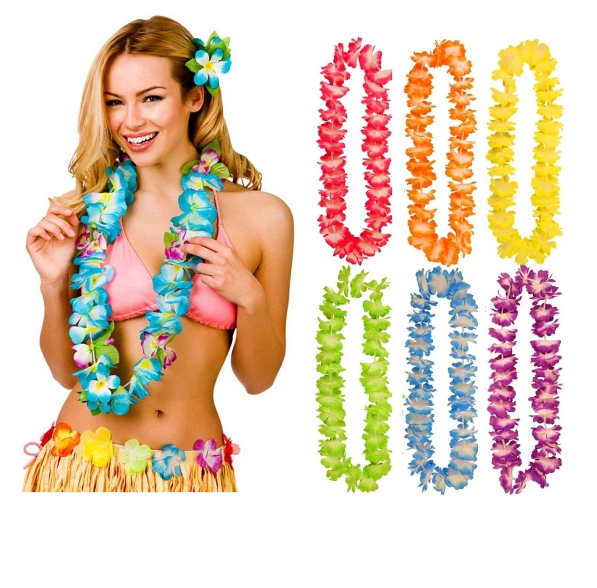6x HAWAIIAN LEI HULA Flower Garland Necklace Hen Aloha Hawaii Fancy Dress Party