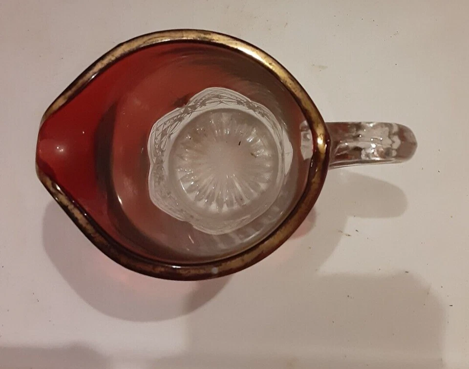 Vintage Ruby Flash Glass small creamer or syrup pitcher, 4" tall, some wear - Image 2 of 4