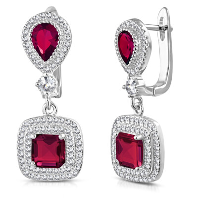 925 Sterling Silver Square Teardrop Red Ruby-Tone CZ Drop Dangle Earrings, 1.15''